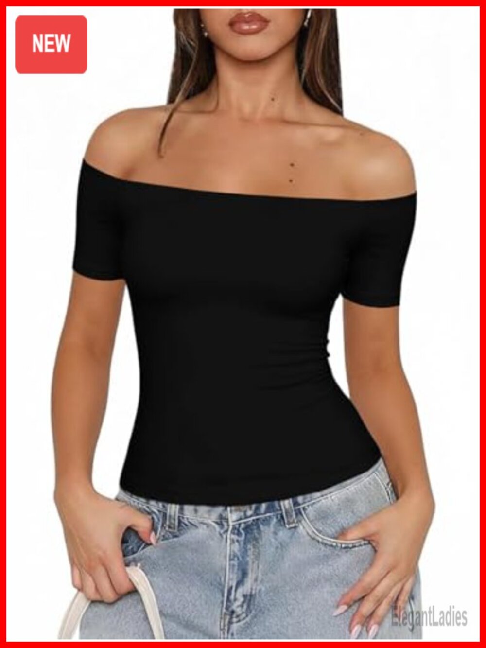 Fisoew Off Shoulder Crop Top Slim Fit Short Sleeve Summer Tee